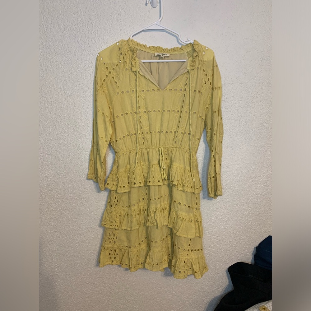 Listicle Yellow Eyelet Ruffle Mini Dress Boho Peasant 3/4 Sleeve Medium M - Picture 3 of 10